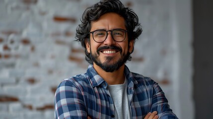 A Hispanic man with beard wearing casual clothes and glasses happy face smiling with crossed arms looking at the camera, positive person - Powered by Adobe