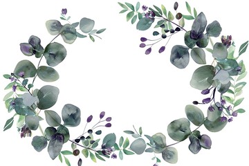 Watercolor vector wreath with green eucalyptus leaves, purple flowers and branches.
