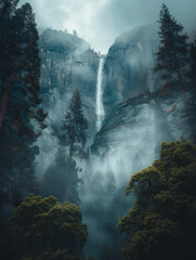 A majestic waterfall cascading down from the towering mountains, framed by tall trees