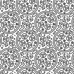 Pizza backdrop. Line pizzas seamless pattern on white background. Fast food cover. Vector illustration EPS 10