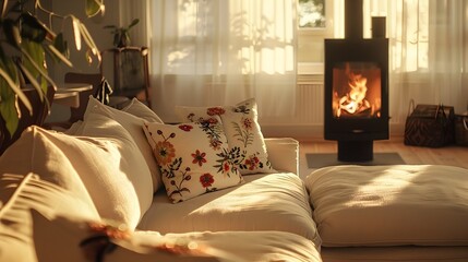 Cozy Corner Fireplace in Scandinavian Modern Living Room Radiating Serenity and Warmth Generative ai