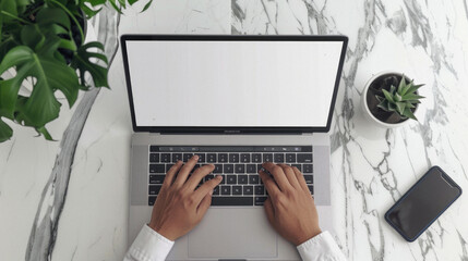 Business person working online or learning using laptop mock up blank white empty screen, hands typing on computer background close up view. Mockup display for ads. Close up view.