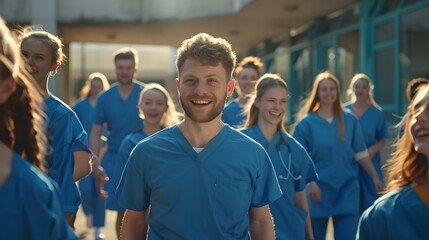 Smiling male nurse leading team of healthcare professionals outside hospital