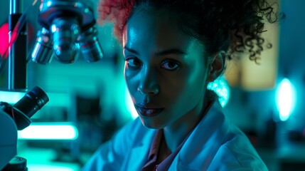 Focused female scientist analyzing sample with microscope in modern lab