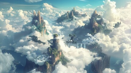 A fantastical depiction of cloud-covered mountains floating in mid-air, blending reality and imagination in a surreal and ethereal landscape