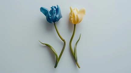 two blue and yellow tulips on a white background, Generative AI illustrations.