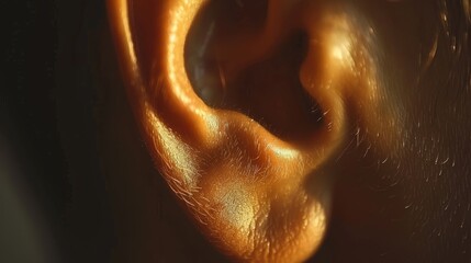  A tight shot of gold earrings in a woman's right ear
