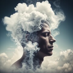 man with smoke in his head and clouds surrounding him. - 800353583