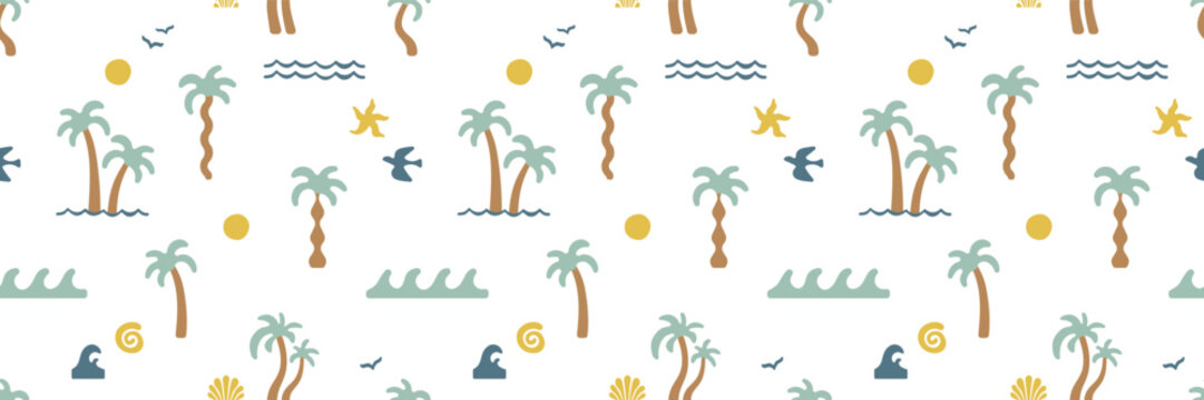 Boho groovy palm tree beach sun sea seamless pattern. Surf club vacation and sunny summer day aesthetic. Vector illustration background in trendy retro naive style. Pastel yellow blue braun colors.