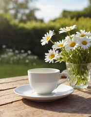 Close-up of an empty white cup on a wooden table with small chamomile flowers. Rural natural floral background with copy space. Rustic floral composition. Summer season, relaxation and harmony.