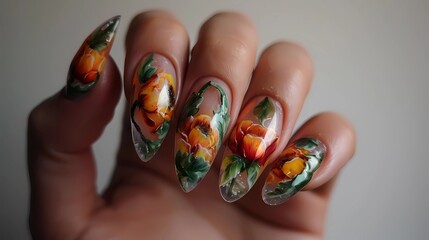 Female hand with bright orange and green manicure holds a colorful flower,  Generative AI illustrations.