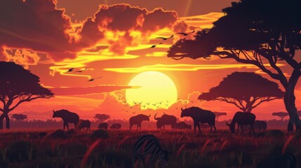 A vibrant sunset with silhouettes of African wildlife, capturing the essence of life in the savannah during twilight
