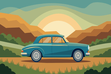 Fototapeta premium A blue car is driving down a road in a mountainous area
