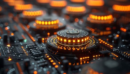 An electronic circuit board with glowing orange lights