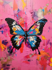 Black and blue butterfly on pink background impasto oil painting. Acryl illustration for poster, banner, print. 
