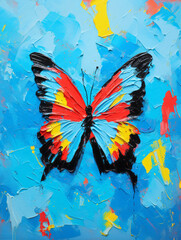Blue and red butterfly on blue background impasto oil painting. Acryl illustration for poster, banner, print. 
