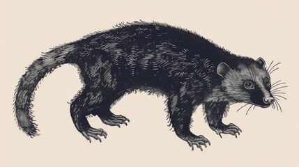 Classic black engraved image of a raccoon, showcasing its distinct fur pattern and curious nature