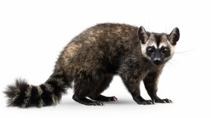 A detailed image capturing the curious gaze of an Asian Palm Civet, isolated on a white background highlighting its features