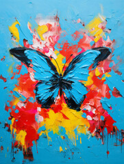Fototapeta na wymiar Blue butterfly on red background impasto oil painting. Acryl illustration for poster, banner, print. 