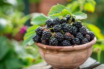 Fresh wild blackberries in a pot