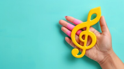   Person's hand with yellow plastic musical note in front of pink pencil holder against turquoise background