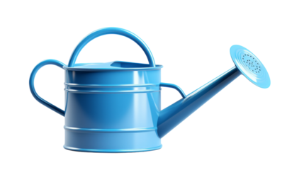 A vibrant blue watering can with a matching handle in a serene setting on transparent background
