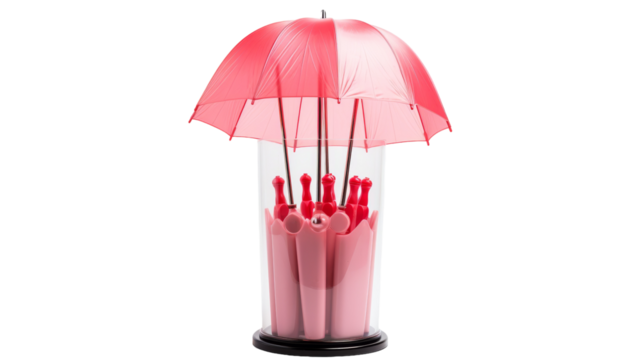 Colorful umbrellas arranged inside a glass vase on transparent background