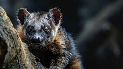 Fototapeta premium This captivating wildlife photograph shows a genet's face peering out from behind a tree, with a deep focus on the animal's inquisitive eyes