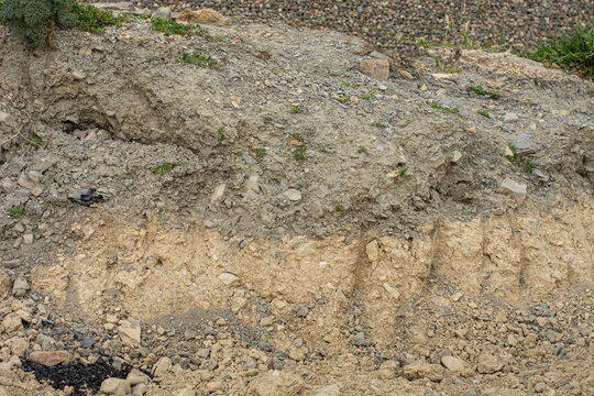 A section of soil on the seashore consisting of layers of rocks sandstone and mudstone and alleurolite