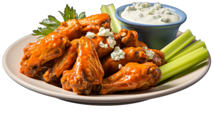 A white plate with wings and celery, served with a bowl of ranch dressing on transparent background