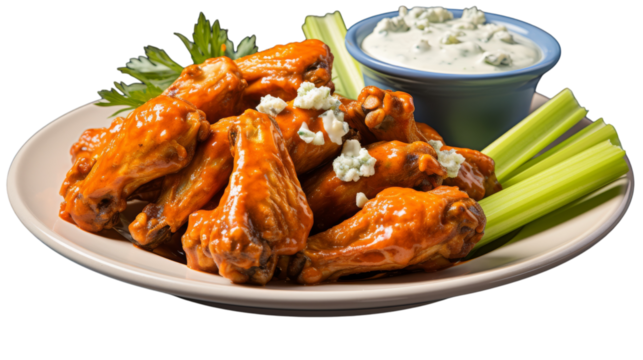A white plate with wings and celery, served with a bowl of ranch dressing on transparent background