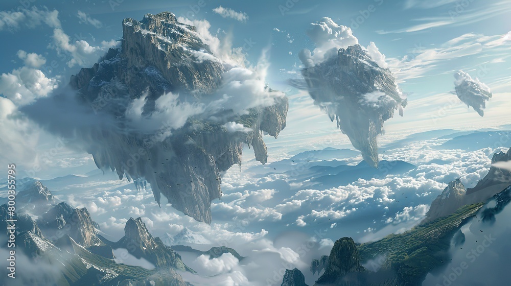 Poster A fantastical depiction of cloud-covered mountains floating in mid-air, blending reality and imagination in a surreal and ethereal landscape