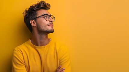 A Young caucasian man isolated on yellow background doubting between two options