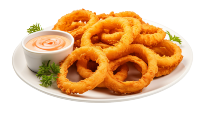 Golden onion rings piled high on a white plate, with a side of delicious dipping sauce on transparent background