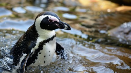 Naklejka premium Close-up view of a soaking-wet African penguin as it emerges from a water source, with water droplets in motion