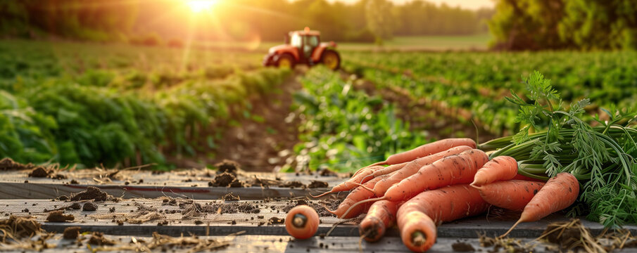 Close-up auf frisch geernteten Karotten auf einem Tisch. Feld und Traktor im Hintergrund. Tisch mit Freiraum f&uuml;r Produktpr&auml;sentation und Textfreiraum. Panorama Banner Format.