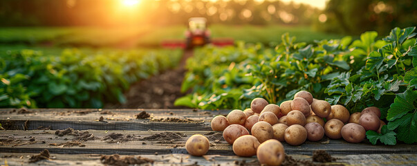 Close-up auf frisch geernteten Kartoffeln auf einem Tisch. Feld und Traktor im Hintergrund. Tisch mit Freiraum für Produktpräsentation und Textfreiraum. Panorama Banner Format