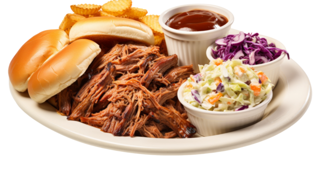A plate of tender pulled pork topped with colorful coleslaw, creating a harmonious blend of flavors and textures on transparent background