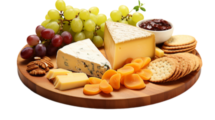 A wooden platter adorned with artisan cheeses, crispy crackers, plump grapes, and assorted nuts on transparent background