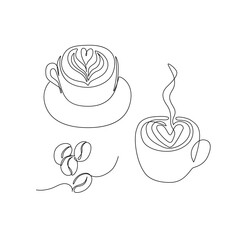 Abstract coffee with heart drawing, coffee beans set continuous one line art.