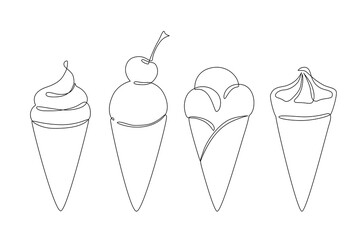 Abstract ice cream cone continuous one line drawing set isolated on white background.