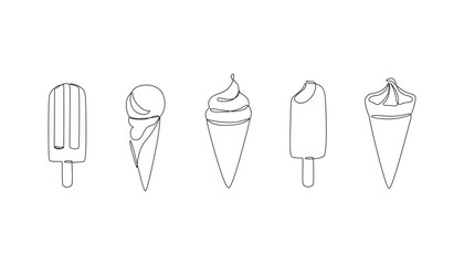Abstract ice cream cones, lollipop continuous one line drawing set isolated on white background