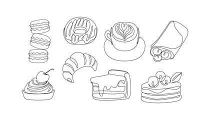 Abstract coffee cup, cake slice, donut, cheesecake, croissant continuous one line art.