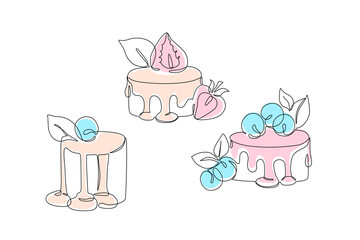 Continuous one line drawing of cake with blueberries, mint leaves, strawberry