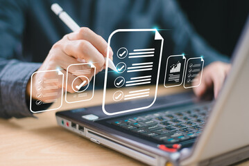 Document audit inspection, business asset analysis concept. Man inspects data, file check checklist online survey. Efficient document form project management. Review online approval, digital research