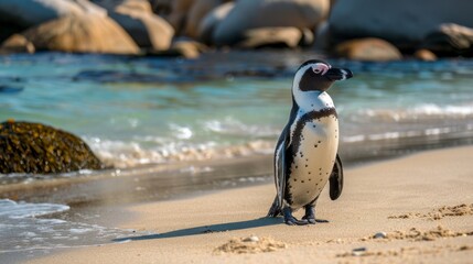 Fototapeta premium An adorable penguin appears at ease on a sandy beach, close to sea-kissed rocks