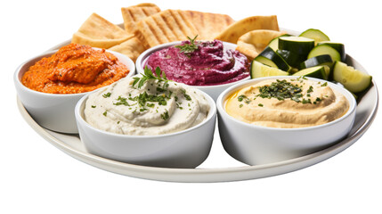 A vibrant plate showcasing a delicious spread of hummus, pickles, cucumbers, and crackers on transparent background