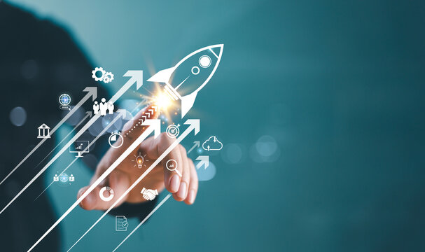 Increase strategy busines plan trend concept. Achieve growth goal sale marketing, increase success potential, soar rocket towards wealth. Competitive business rocket with up arrow investment icon