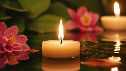 Candles and pink flowers in a natural setting with clean water. A peaceful and relaxing atmosphere with a touch of color and light. Suitable for spa and beauty themes. Natural alternative therapy.