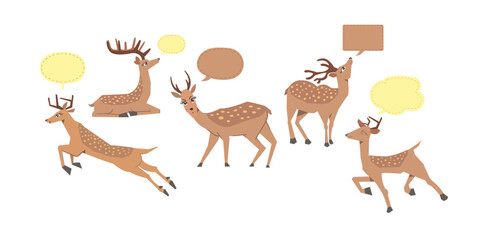 deer cartoon set, deer with speech bubble set,brown deer, jumping, happy fawn,vector isolated.